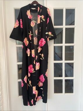 Vintage Christian Dior Black Floral Kimono Style Robe with Pink and Peach Roses